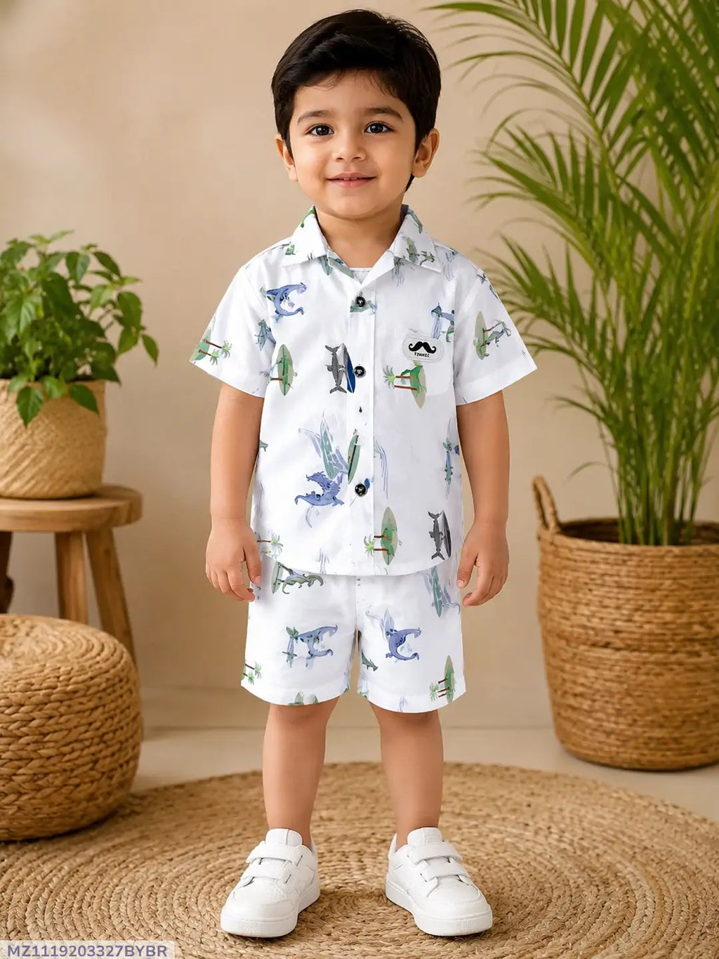 2 Pcs Boy's Cotton Lawn Printed Shirt And Shorts Set