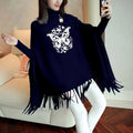 Women Blue Printed High Neck Fringe Poncho Winter Wear