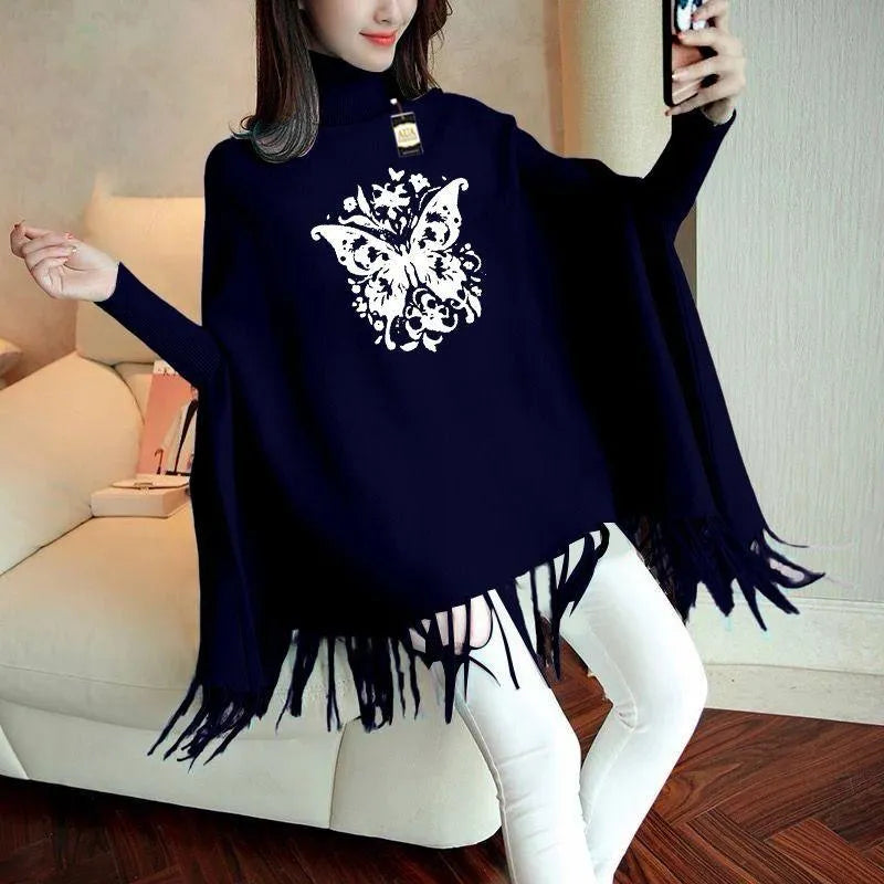 Women Blue Printed High Neck Fringe Poncho Winter Wear