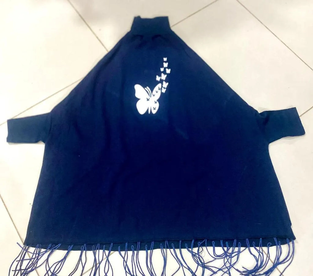 Women Blue Printed High Neck Fringe Poncho Winter Wear