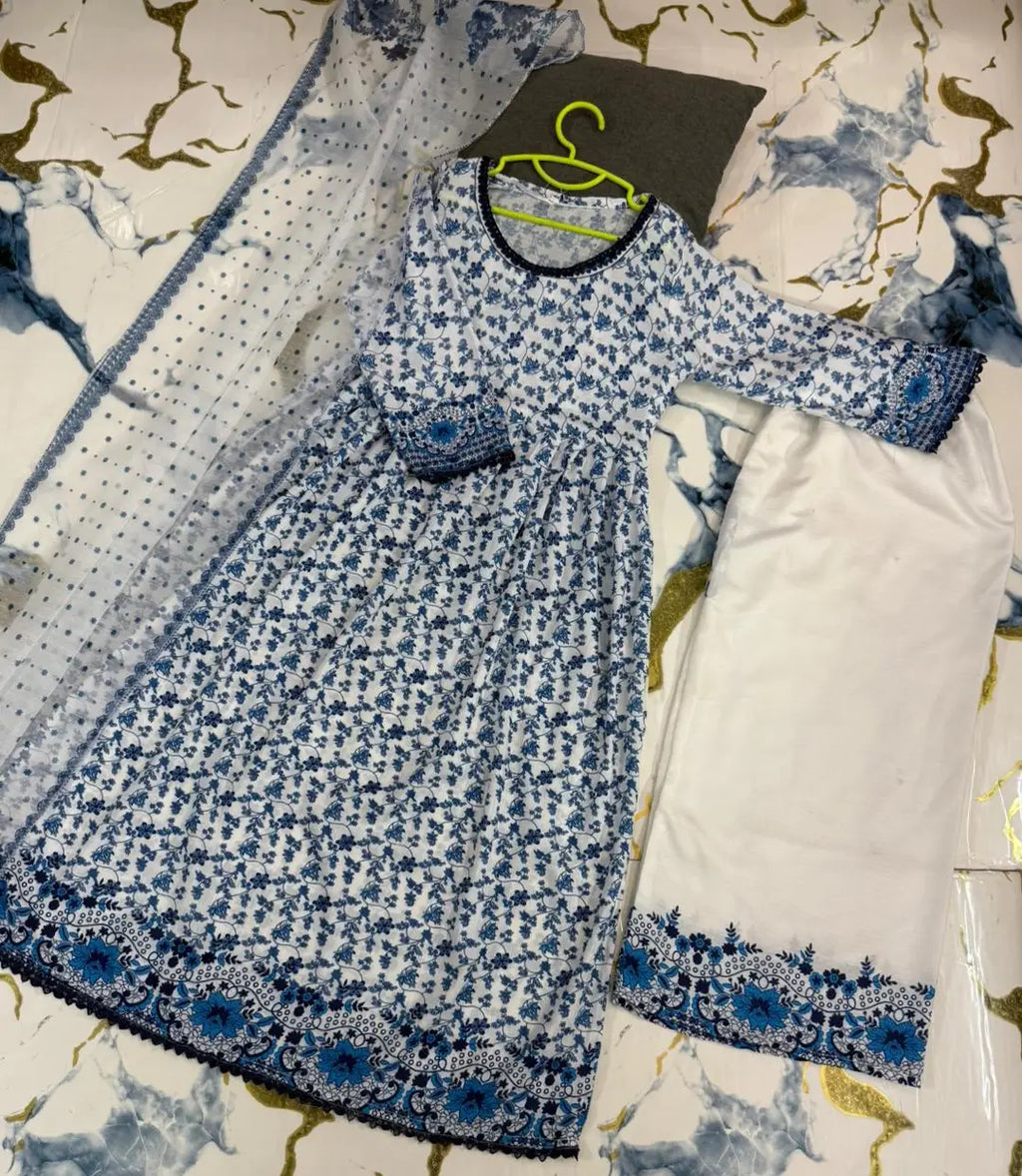 3 Pcs Girl's Karandi Printed Frock And Trouser Set