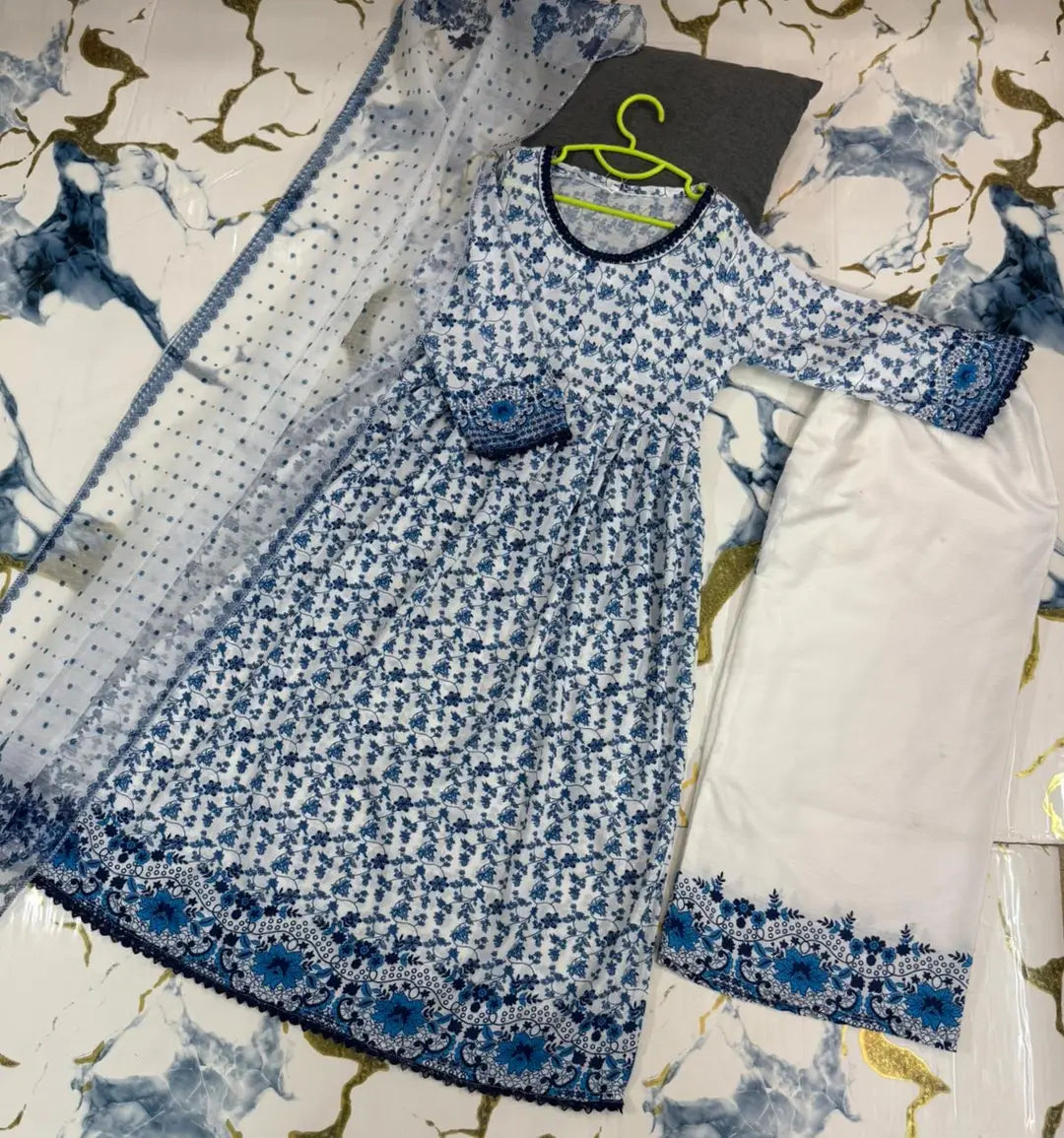 3 Pcs Girl's Karandi Printed Frock And Trouser Set