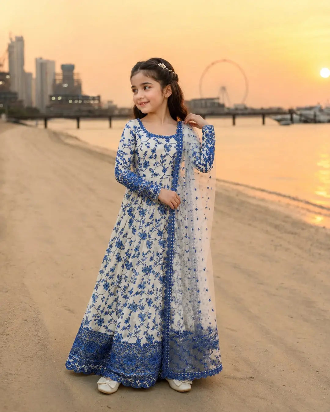 3 Pcs Girl's Karandi Printed Frock And Trouser Set