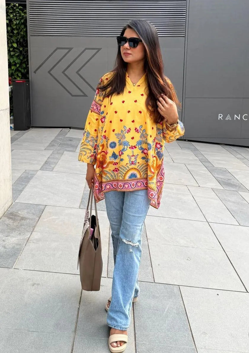 Women's Yellow Printed Kurta Peshawari Medium to Large