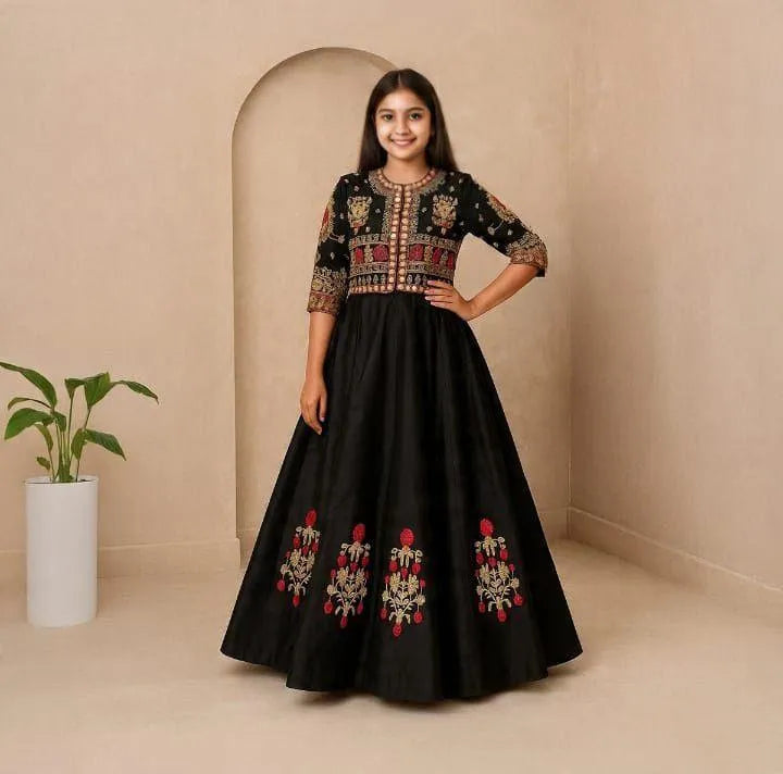 Kids Embroidered Bunch Maxi Dress Black 2 Piece