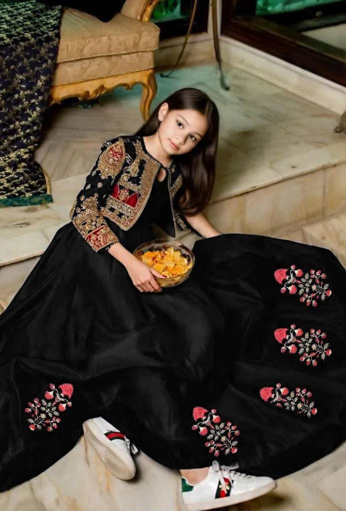 Kids Embroidered Bunch Maxi Dress Black 2 Piece