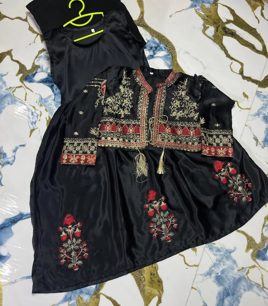 Kids Embroidered Bunch Maxi Dress Black 2 Piece