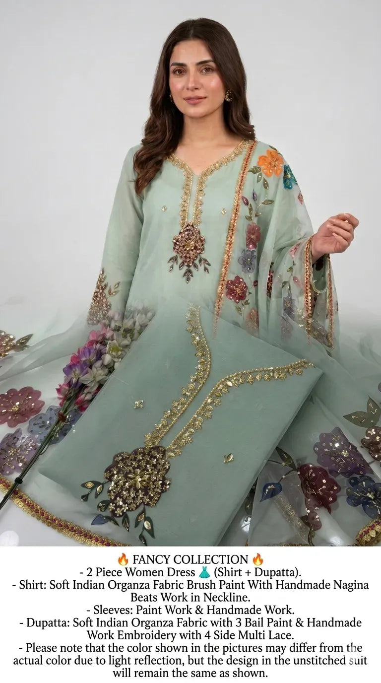 Green Organza 2 Piece Suit with Hand Embroidered Nagina Beads & Multi Lace Dupatta