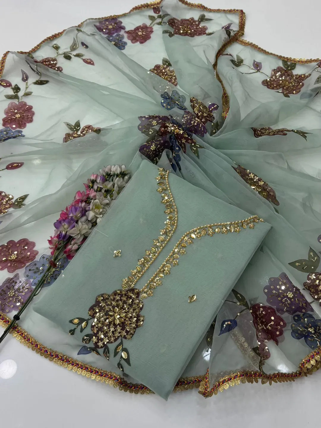 Green Organza 2 Piece Suit with Hand Embroidered Nagina Beads & Multi Lace Dupatta