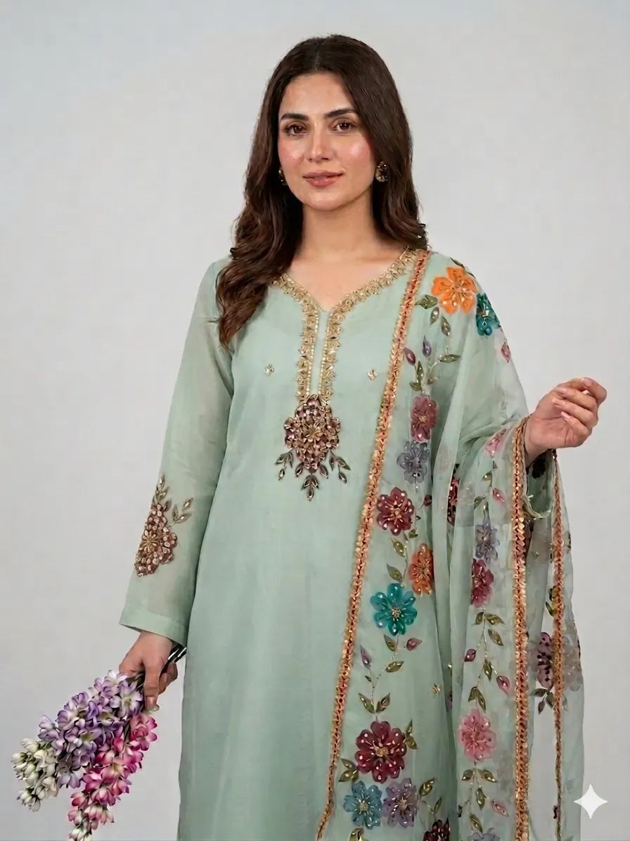 Green Organza 2 Piece Suit with Hand Embroidered Nagina Beads & Multi Lace Dupatta