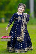 Kids Embroidered Blue Lehenga Set 3Pcs Silk