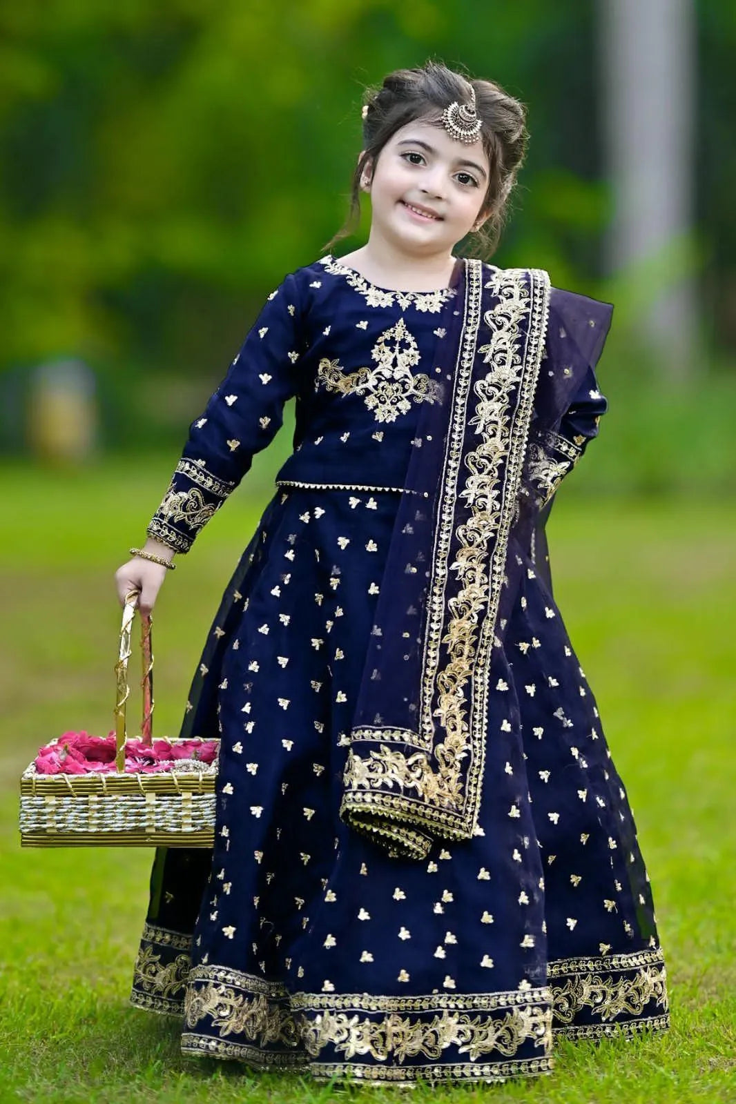 Kids Embroidered Blue Lehenga Set 3Pcs Silk