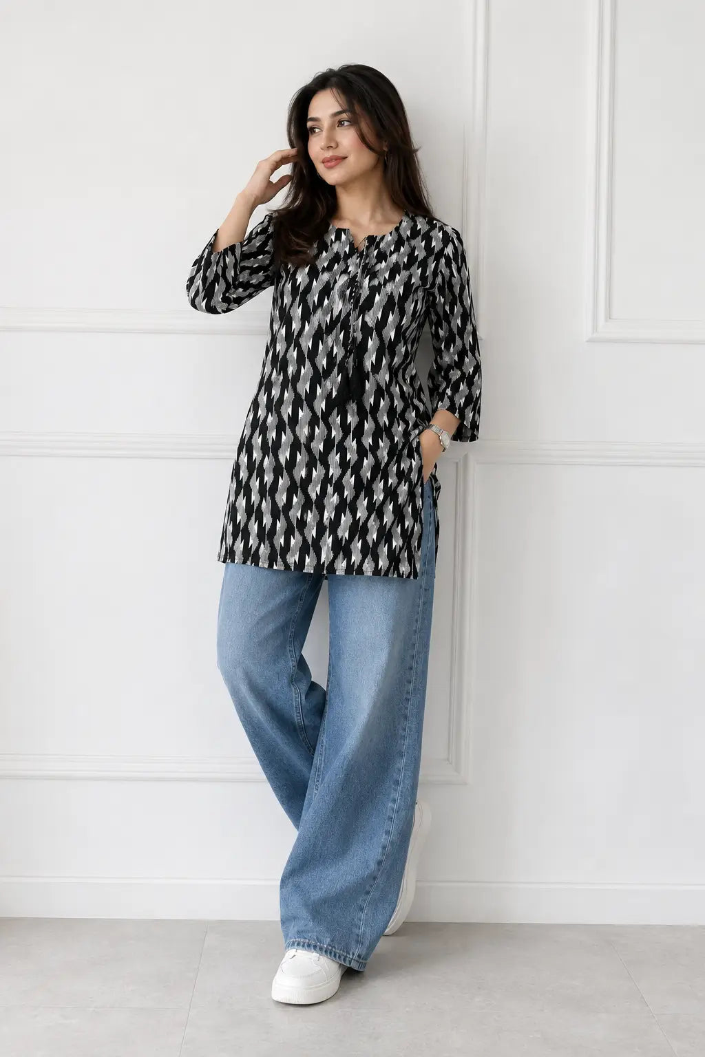 1Pc Women's Stitched Linen Block Printed Shirt Black Special