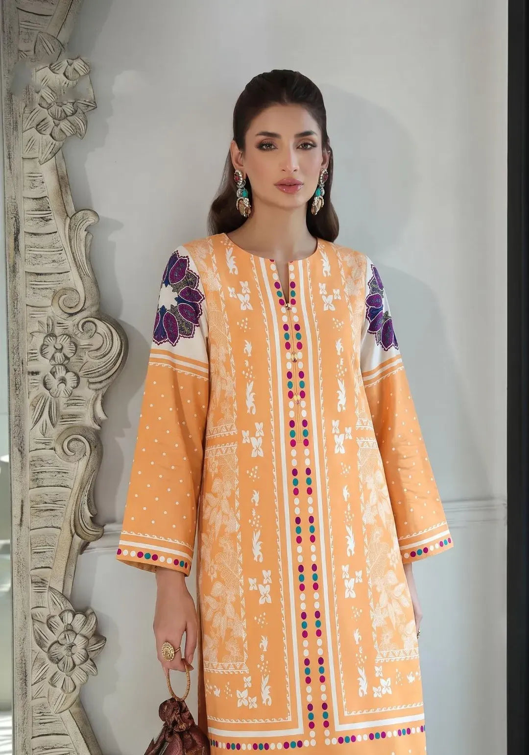 Orange Printed Lawn 2Pcs Shirt Trouser Set