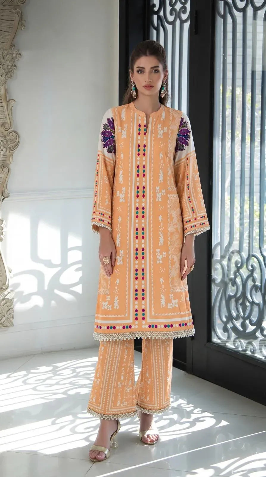 Orange Printed Lawn 2Pcs Shirt Trouser Set