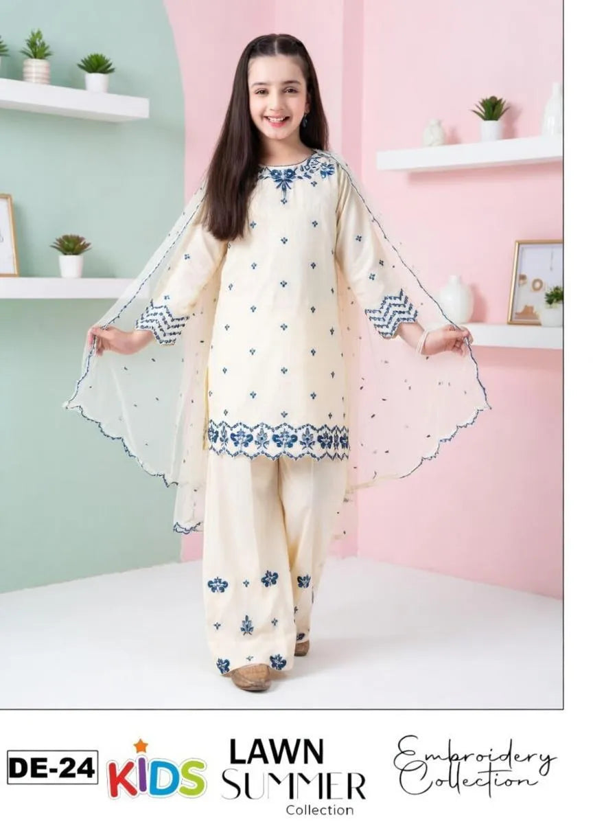 Off White Embroidered Lawn 3Pcs Set for Girls 3-4Yrs