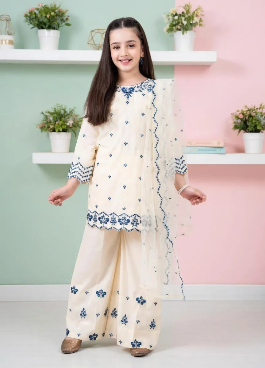 Off White Embroidered Lawn 3Pcs Set for Girls 3-4Yrs