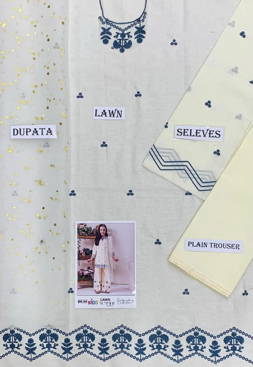 Off White Embroidered Lawn 3Pcs Set for Girls 3-4Yrs
