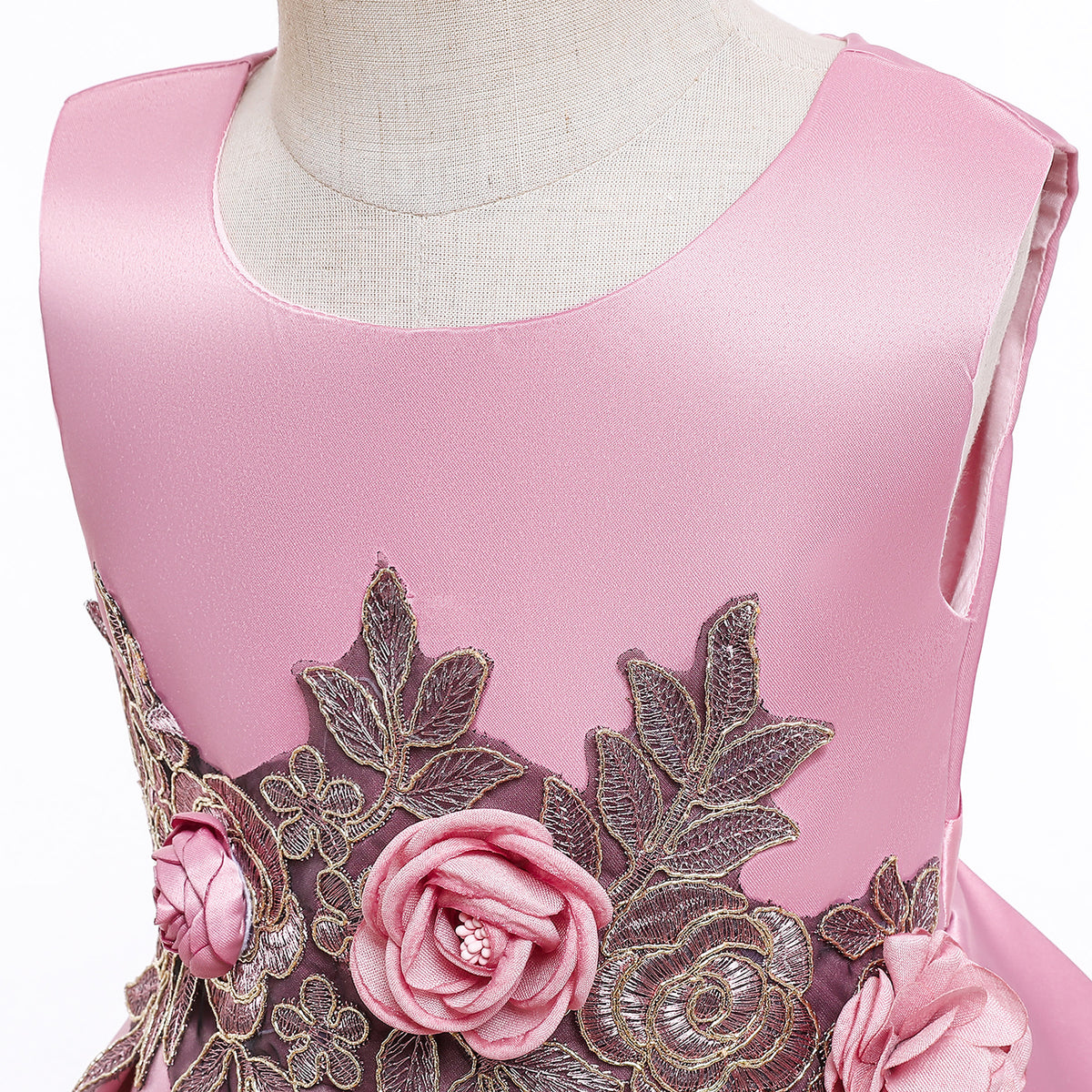 Beige Floral Embroidered Little Girl Dress for Weddings & Parties